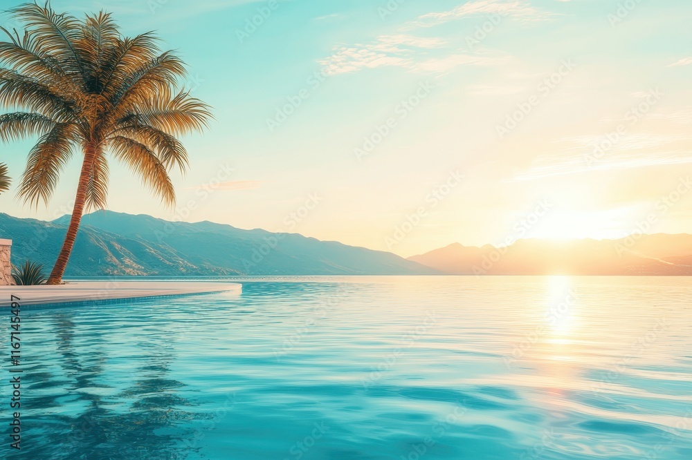 Fototapeta premium Evening tranquility by the pool with palm trees and stunning mountain views during sunset. Generative AI