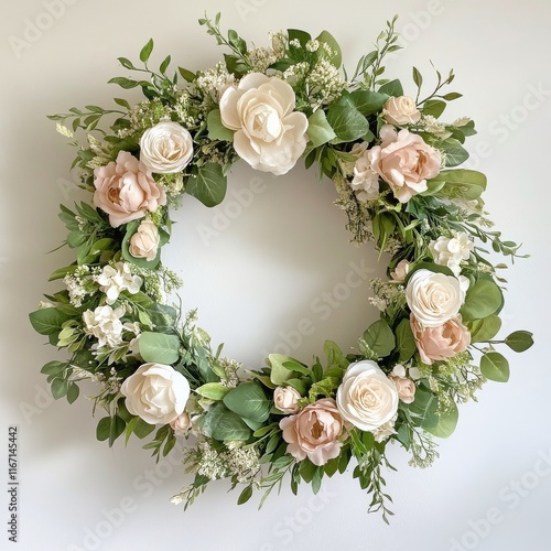Elegant floral wreath featuring soft roses and greenery for home decoration