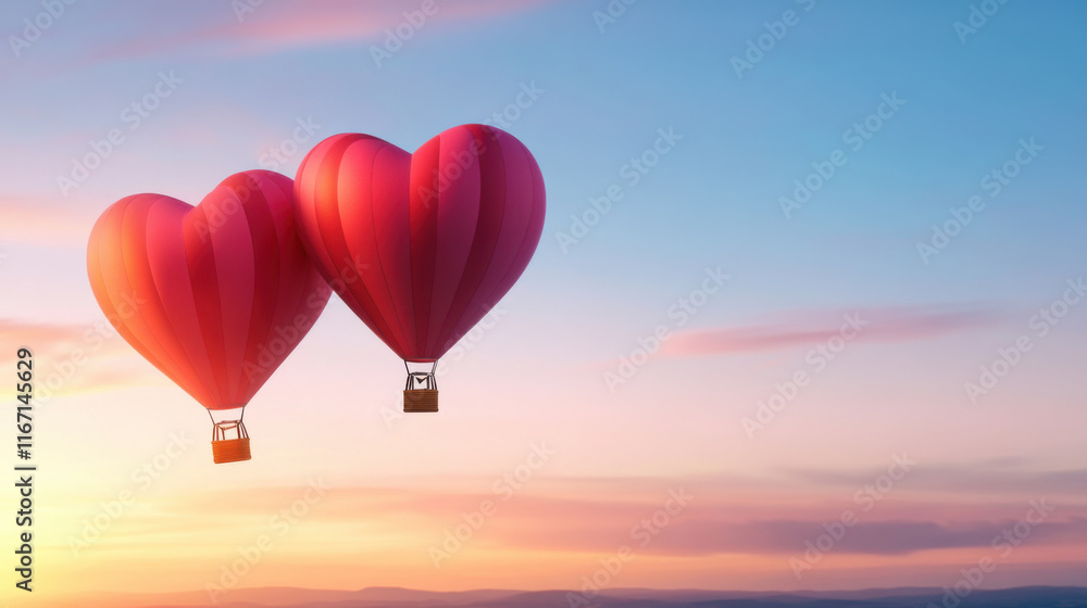 Fototapeta premium Valentine day concept. Heart shaped hot air balloons floating in serene sunset sky