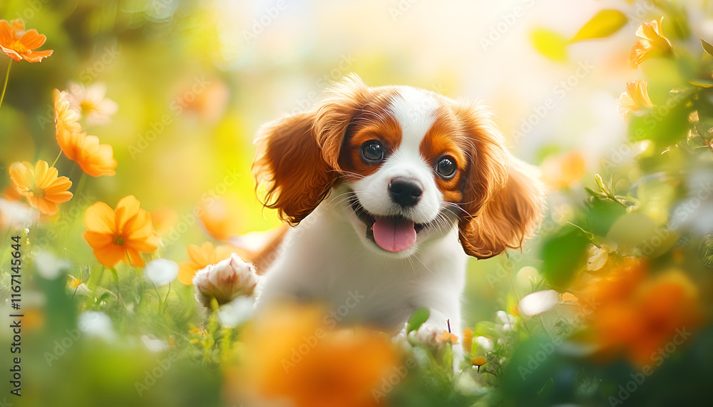 Cavalier King Charles Spaniel Running in Flower Field