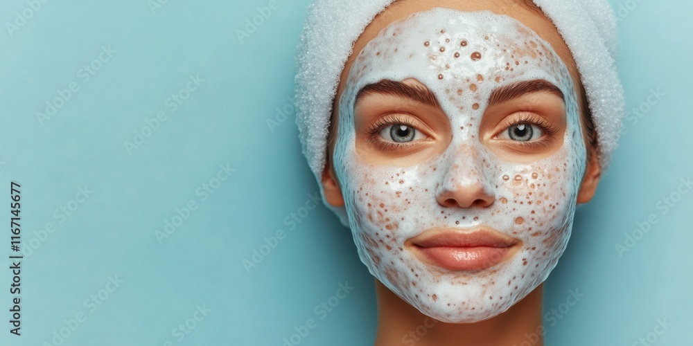 Fototapeta premium A woman relaxes while applying a cleansing facial mask that bubbles on her skin, showcasing her clear eyes and peaceful expression against a light blue backdrop