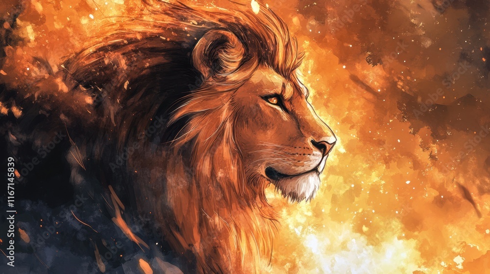 Naklejka premium Majestic Lion in Shades of Orange and Gold
