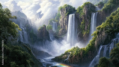 Majestic Waterfalls Nestled Between Lush Green Mountains and Clouds