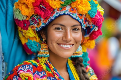 Colorful traditional attire showcased by a smiling woman at a cultural celebr...