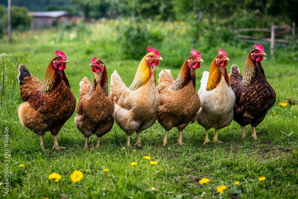 Fototapeta premium Five hens stand in grassy field.