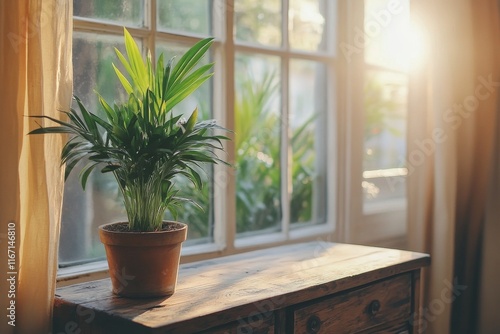 Stylish home decor featuring a wooden drawer unit and lush green plants in a ...