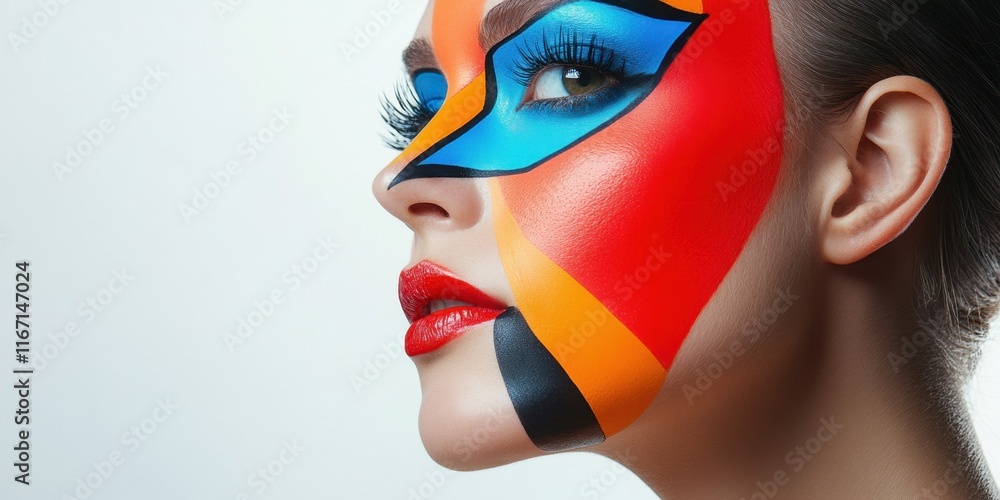 A woman displays stunning face paint featuring bold colors and intricate designs, emphasizing creativity and artistic expression in a modern setting A woman displays stunning face paint featuring bold colors and intricate designs, emphasizing creativity and artistic expression in a modern setting