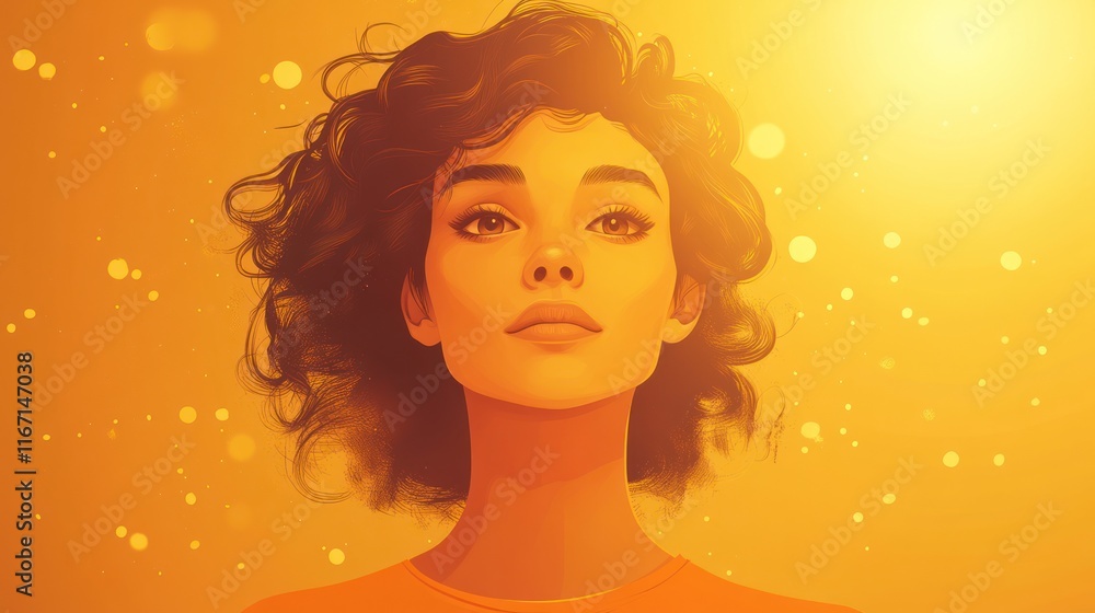 Woman with curly hair, looking up, golden light. Woman with curly hair, looking up, golden light.