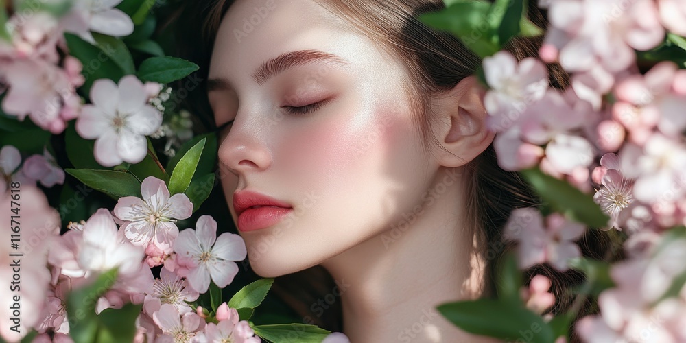 Fototapeta premium A young woman with closed eyes is lying among pink blossoms in a garden, showcasing tranquility and the beauty of spring's arrival