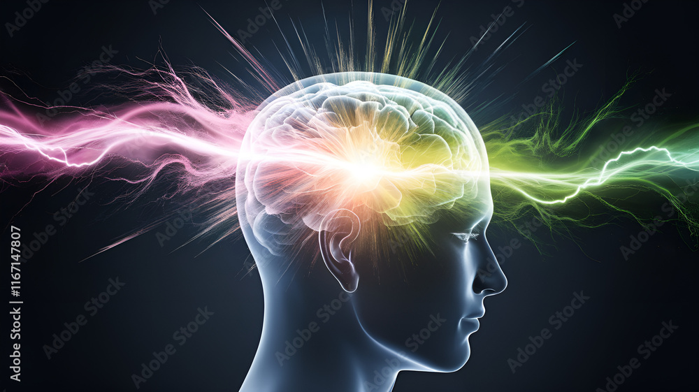 A silhouette of a human profile with multi-colored electrical lines running through it, symbolizing neurobiological processes and epilepsy A silhouette of a human profile with multi-colored electrical lines running through it, symbolizing neurobiological processes and epilepsy