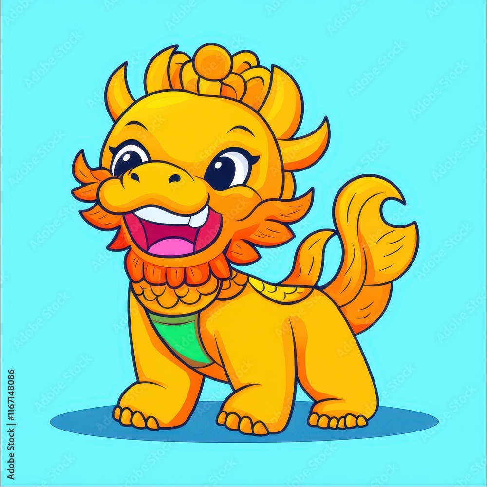 Fototapeta premium Cute and Playful Cartoon Dragon Character Illustration with Bright Colors on a Light Blue Background, Perfect for Children’s Products and Creative Designs