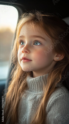 Young girl gazes outside with wonder while sitting in a vehicle on a sunny day