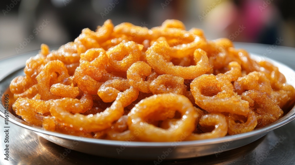 Nawalgarh, Shekawati, Rajasthan, India - March 16, 2012: Jelabi are deep fried syrupy squiggles and a classic street food all over India Nawalgarh, Shekawati, Rajasthan, India - March 16, 2012: Jelabi are deep fried syrupy squiggles and a classic street food all over India