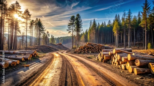 Golden Hour Timber Trail A sun-drenched dirt road winds through a recently harvested pine forest, stacks of logs marking the path