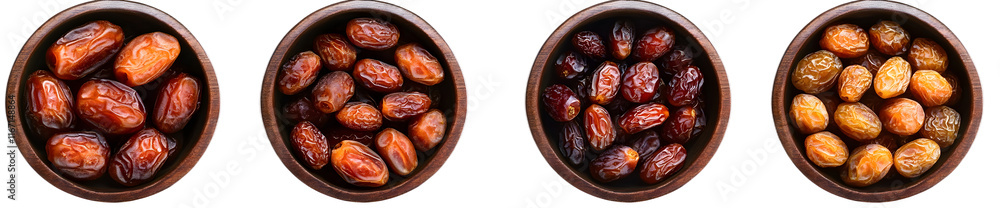 Collection bowl of dried date fruits isolated on a transparent background, top view Collection bowl of dried date fruits isolated on a transparent background, top view