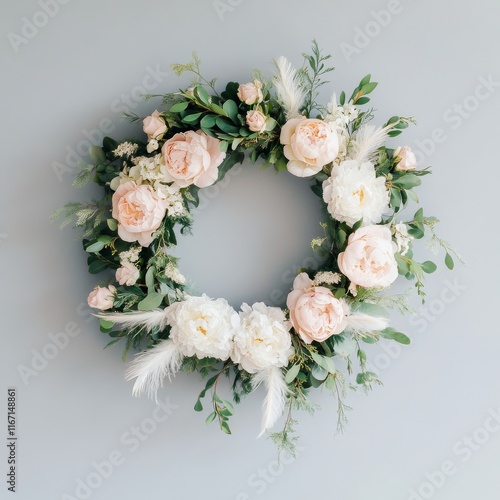 Beautiful floral wreath with white and pink flowers and greenery hung on a li...