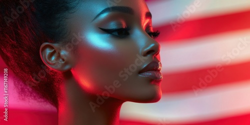 A woman poses gracefully with dramatic eyeliner and glowing skin, set against a boldly colored American flag background during a creative photoshoot