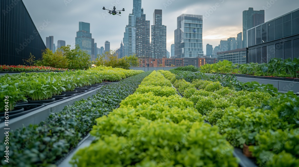 Fototapeta premium Urban Rooftop Garden with Drone Overlooking City Skyline