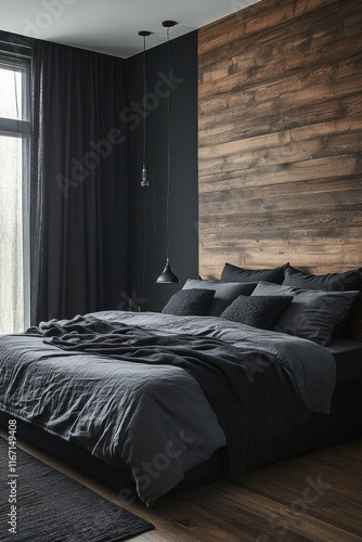 Modern dark bedroom with wood accents and cozy bedding in a stylish setting