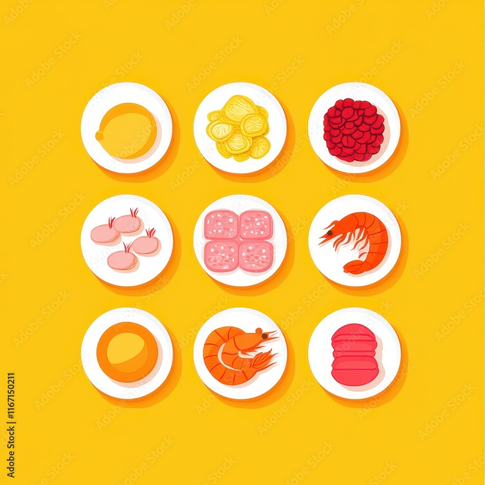 Colorful Display of Various Seafood and Ingredients on a Bright Yellow Background, Perfect for Food Lovers and Culinary Enthusiasts