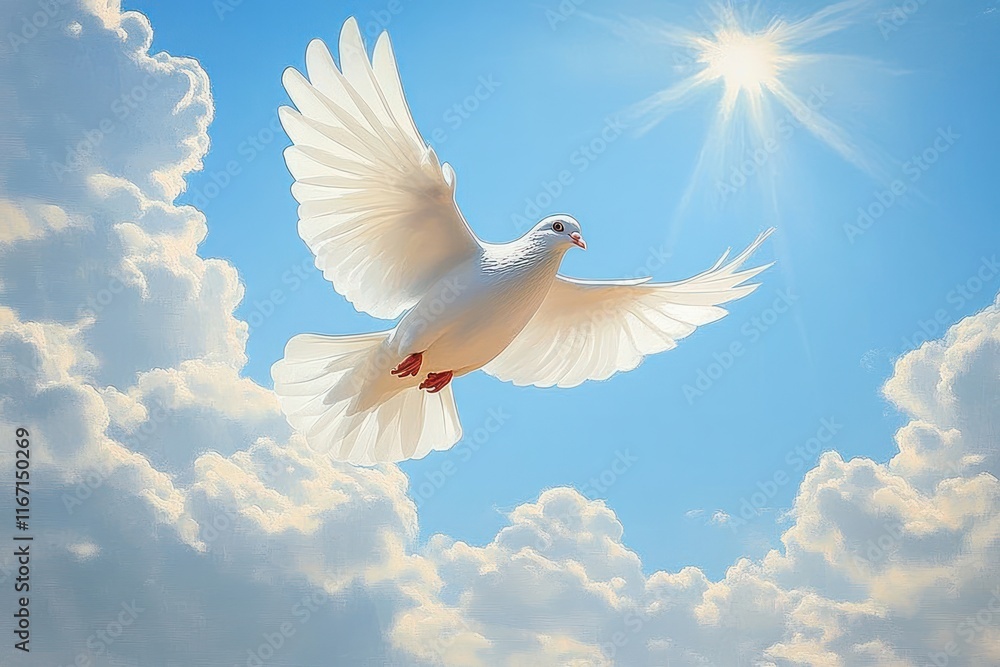 Fototapeta premium White Dove in Blue Sky Funeral Background with Clouds and Light, Copy Space for Text
