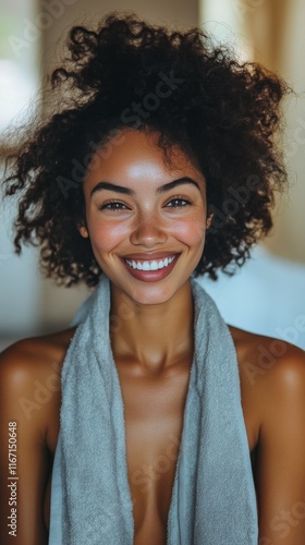 Bright smile of a young woman enjoying a peaceful moment indoors with natural...