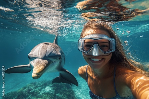 Smiling diver interacts with friendly dolphin in clear tropical waters