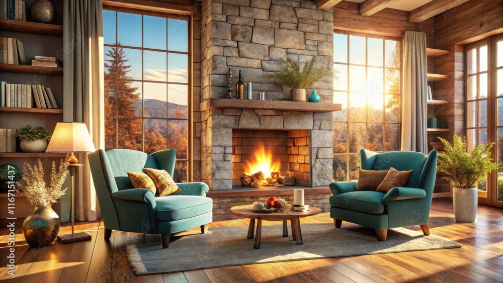 Fototapeta premium Cozy Autumnal Retreat Sunlit Living Room with Stone Fireplace and Comfortable Armchairs