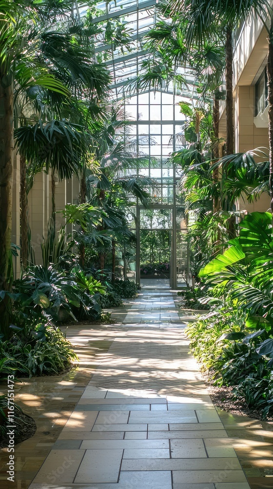 Fototapeta premium Lush Greenery in a Bright Glass Conservatory with Tropical Plants