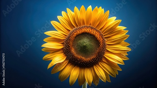 A Vibrant Sunflower in Full Bloom Against a Deep Blue Background, Symbolizing Summer's Golden Rays and Nature's Radiant Beauty photo