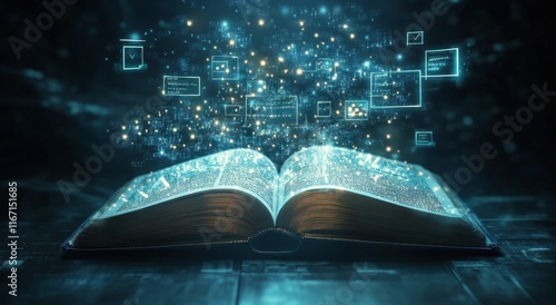 Open book glowing with digital symbols representing knowledge and technology ...