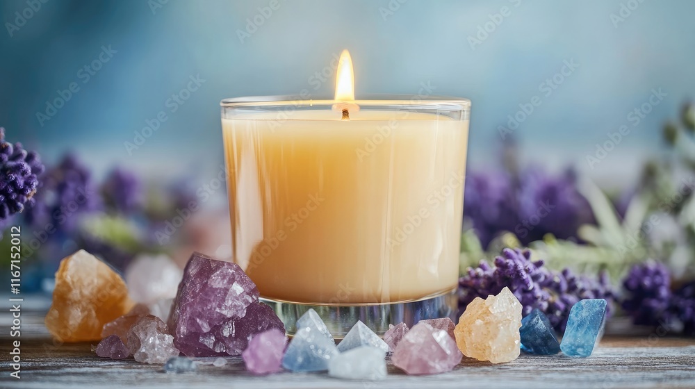 Luxurious scented candle beautifully arranged with colorful crystals and aromatic flowers on a serene background Luxurious scented candle beautifully arranged with colorful crystals and aromatic flowers on a serene background