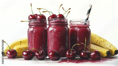Cherry banana smoothie jars with fresh cherries on a bright background