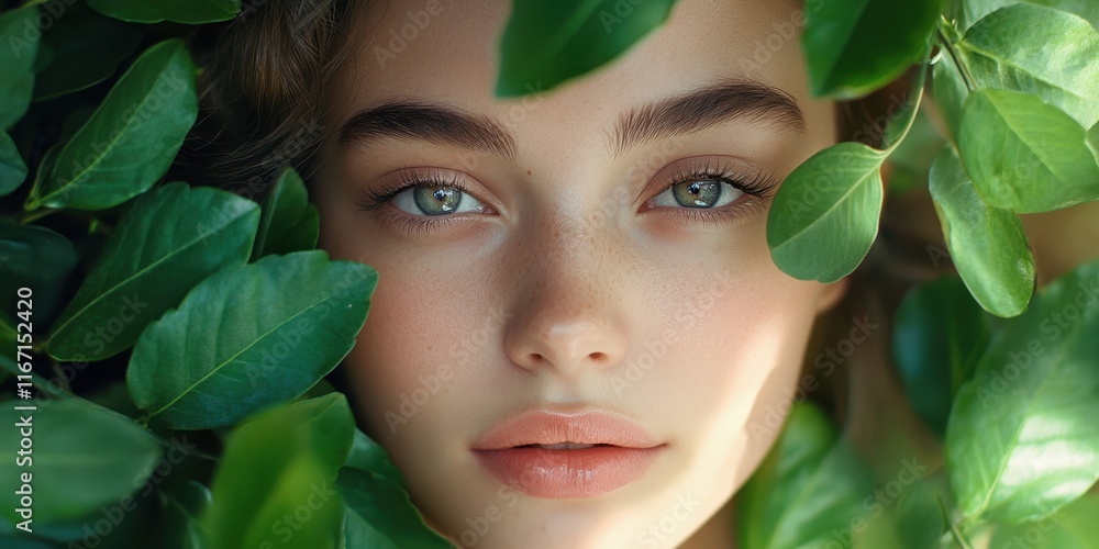A young woman with striking green eyes gazes calmly while her face is adorned with rich green foliage, creating a serene and enchanting atmosphere A young woman with striking green eyes gazes calmly while her face is adorned with rich green foliage, creating a serene and enchanting atmosphere