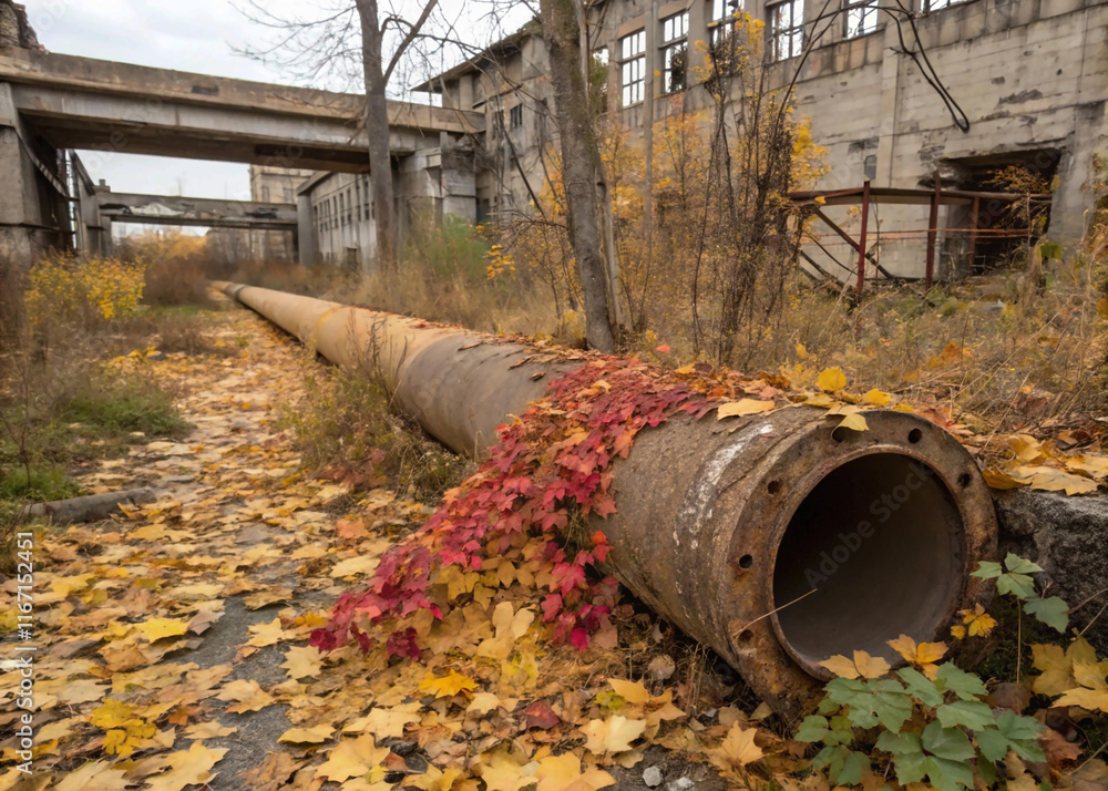 an old discarded pipe partially covered in a carpet of fallen autumn leaves in an abandoned industrial.A Weathered Pipe Covered in Autumn Leaves Amid an Abandoned Industrial Setting, Showcasing Urban an old discarded pipe partially covered in a carpet of fallen autumn leaves in an abandoned industrial.A Weathered Pipe Covered in Autumn Leaves Amid an Abandoned Industrial Setting, Showcasing Urban