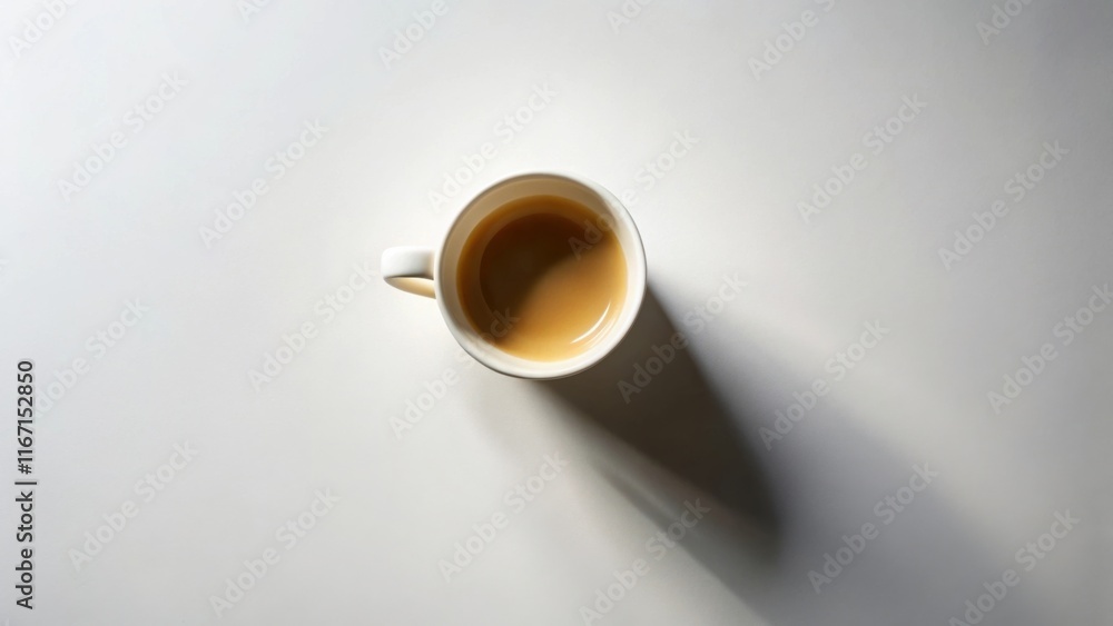 Aromatic Coffee in a Simple White Mug Casts a Gentle Shadow on a Plain White Surface Aromatic Coffee in a Simple White Mug Casts a Gentle Shadow on a Plain White Surface
