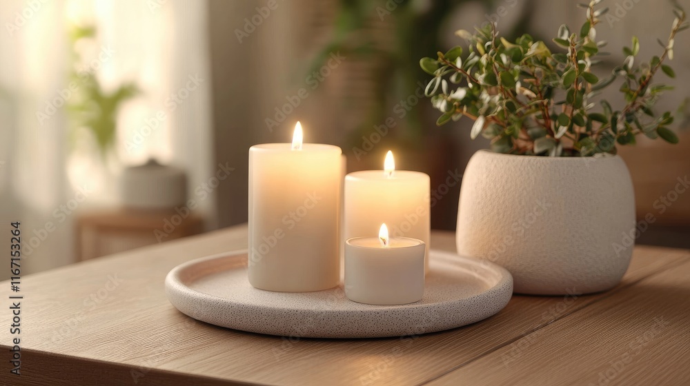 Tranquil spa ambiance with lit candles and decorative plants on wooden table creating a peaceful relaxation environment Tranquil spa ambiance with lit candles and decorative plants on wooden table creating a peaceful relaxation environment