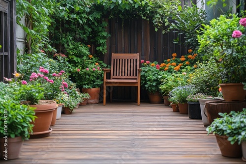 Cozy garden pathway leading to a wooden chair surrounded by vibrant flowers a...