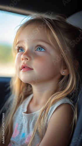 Young girl gazes outside with wonder while sitting in a vehicle on a sunny day