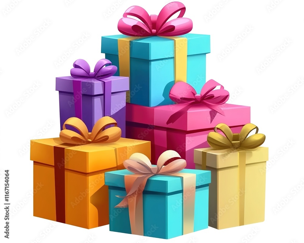 Fototapeta premium Colorful birthday gifts stacked on a white background.