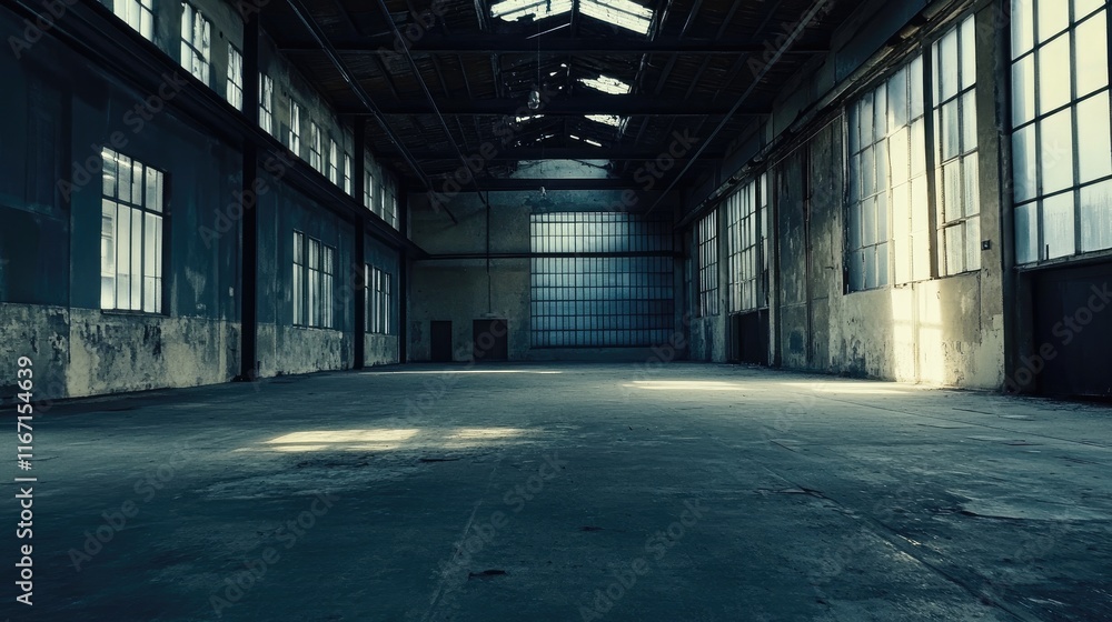 Spacious empty industrial warehouse with cracked concrete flooring and high windows illuminating the interior space Spacious empty industrial warehouse with cracked concrete flooring and high windows illuminating the interior space