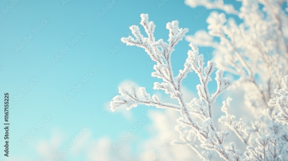 Frost-covered branches sparkle under a bright blue sky in a serene winter landscape Frost-covered branches sparkle under a bright blue sky in a serene winter landscape