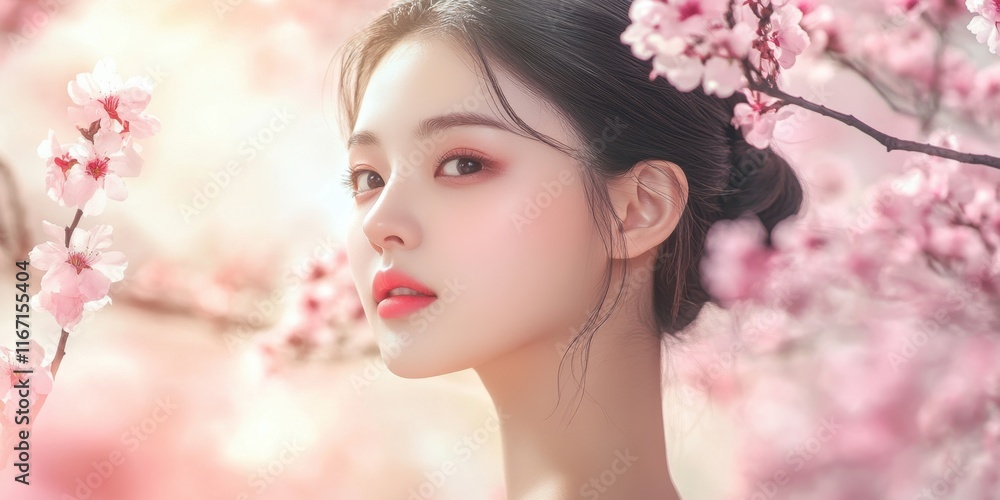 A young woman with delicate features stands gracefully among vibrant cherry blossoms, capturing the essence of springtime beauty and tranquility A young woman with delicate features stands gracefully among vibrant cherry blossoms, capturing the essence of springtime beauty and tranquility