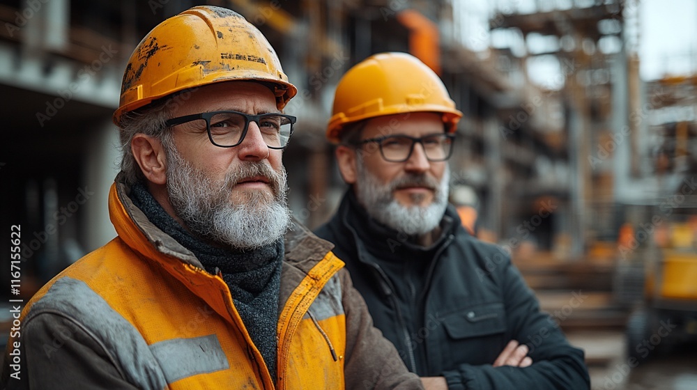 Two Experienced Construction Workers Wearing Hard Hats Two Experienced Construction Workers Wearing Hard Hats