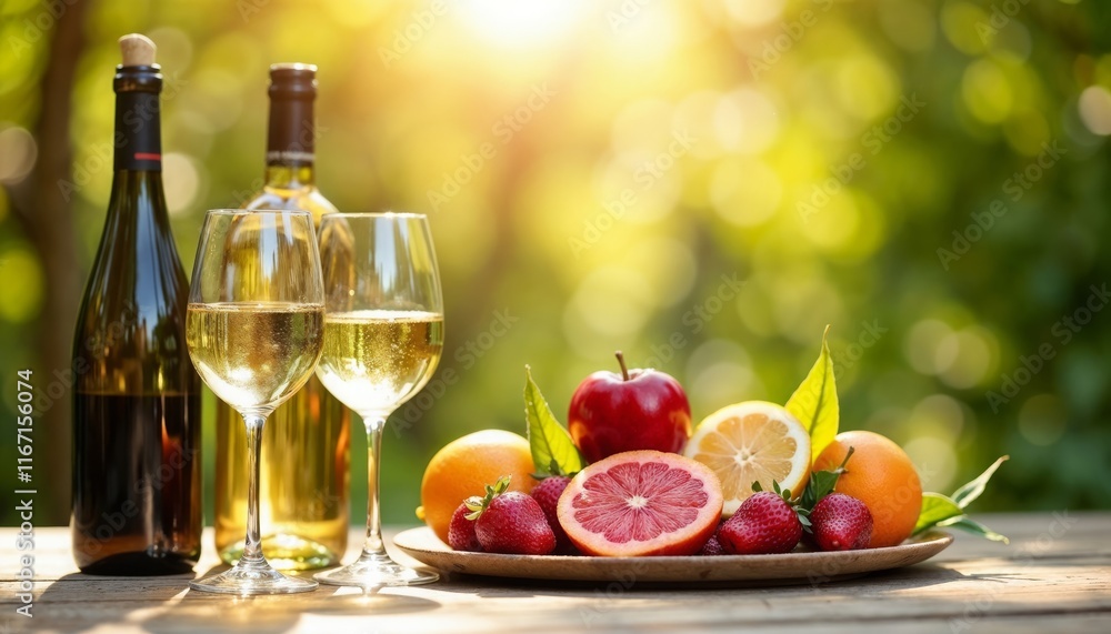 Two bottles of white wine and a fruit plate on a wooden surface with trees and sunlight in the background.Outdoor dining ads, summer event promotions, wine branding, and lifestyle visuals.A taste of
Two bottles of white wine and a fruit plate on a wooden surface with trees and sunlight in the background.Outdoor dining ads, summer event promotions, wine branding, and lifestyle visuals.A taste of