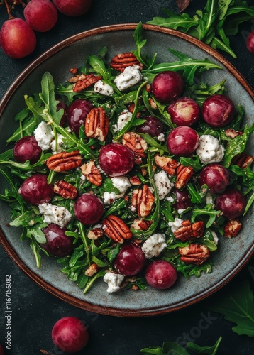 Delicious salad with arugula, grapes, pecans, and cheese served in a rustic bowl