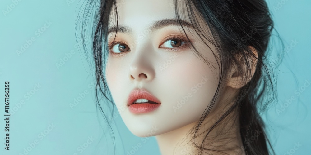 A young woman thoughtfully gazes at the camera, her loosely styled hair and soft features highlighted by a calming light blue backdrop A young woman thoughtfully gazes at the camera, her loosely styled hair and soft features highlighted by a calming light blue backdrop
