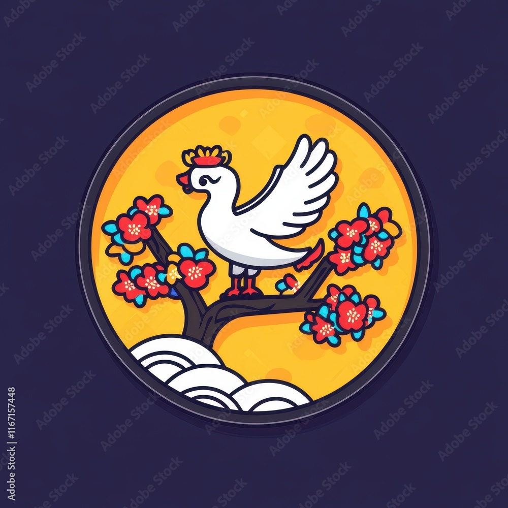 Fototapeta premium Cute Illustrated Bird Standing on Cherry Blossom Tree Branch with Bright Yellow Background in Circular Frame Art Design