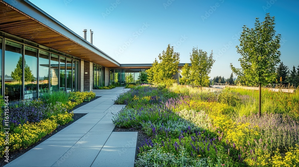 Fototapeta premium Modern Landscape Design with Colorful Flowers and Lush Greenery