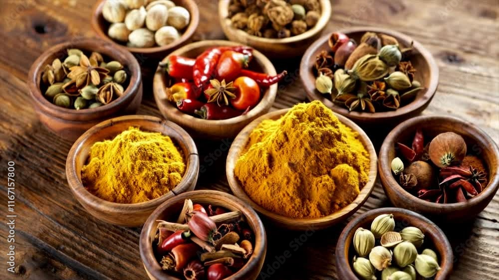 Assorted Indian Spices and Masalas in Bowls, Vibrant Colors and Aromatic Ingredients. Assorted Indian Spices and Masalas in Bowls, Vibrant Colors and Aromatic Ingredients.